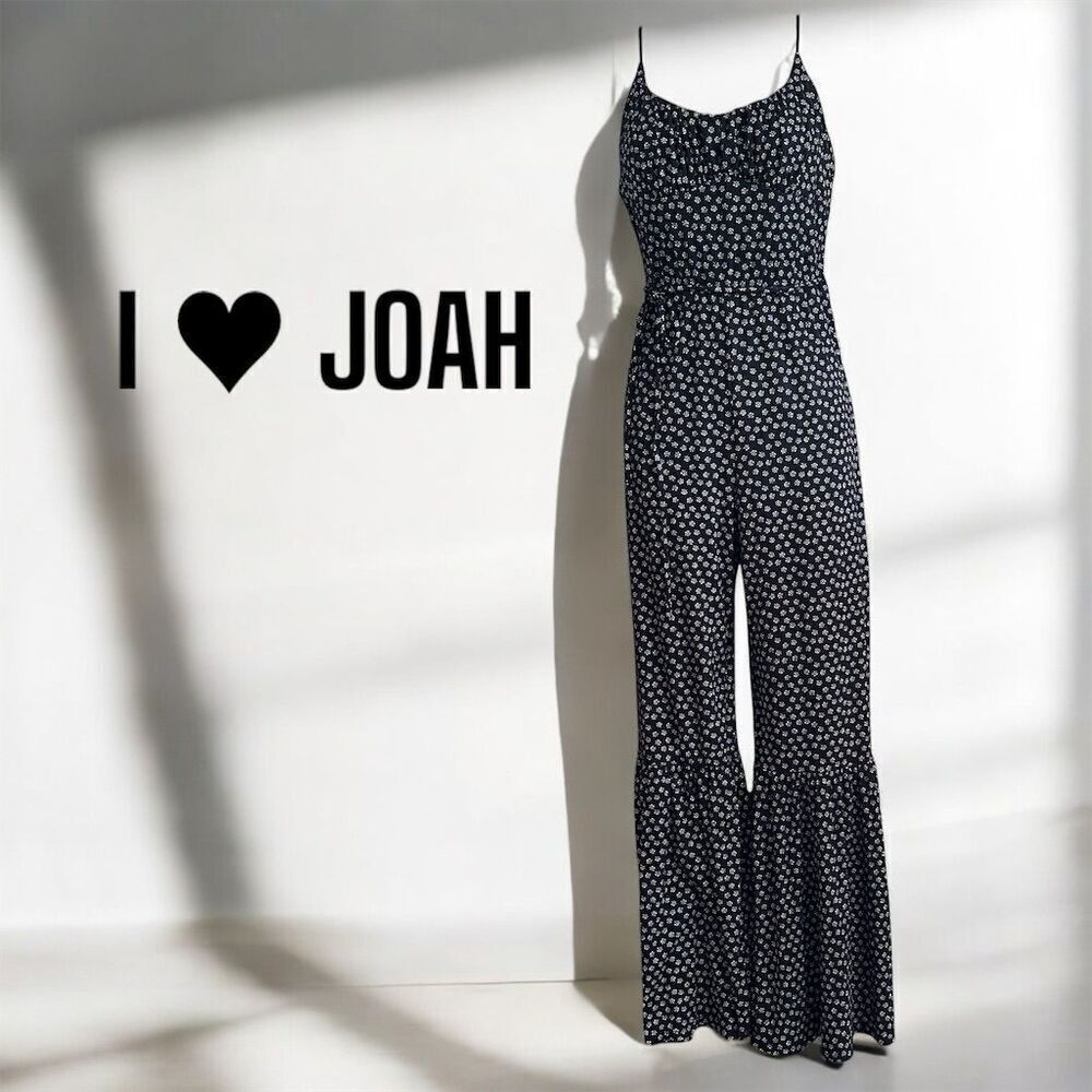 I ❤️ JOAH Women's Black White Ditsy Floral Flare Leg Spaghetti Strap Jumpsuit